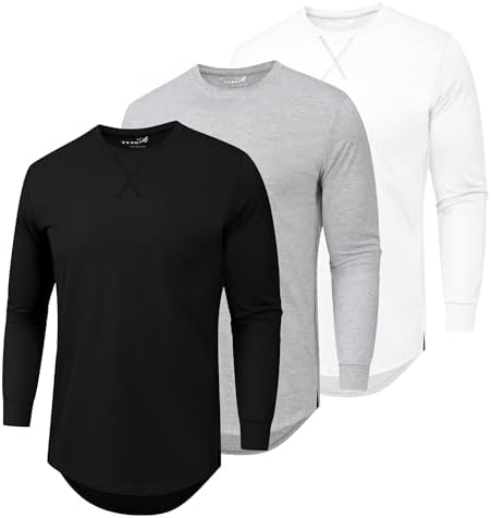Longline long-sleeve tees, 3-pack in Black + Light Grey + White