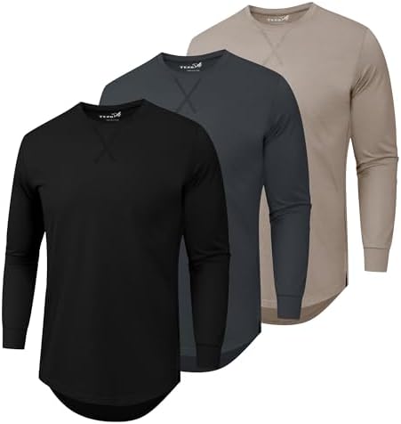 Longline long-sleeve tees, 3-pack in Black + Dark Grey + Khaki