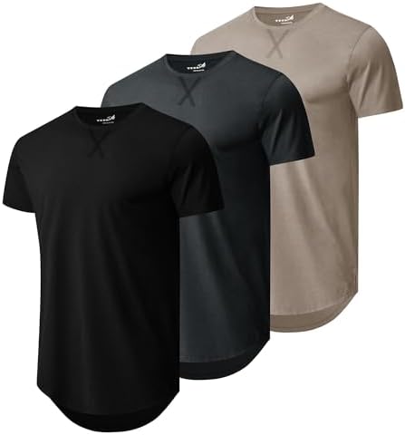 Longline crew tees, 3-pack in Black / Dark Grey / Khaki