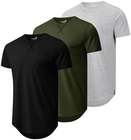 Longline tees, 3-pack in Black / Light Grey / Army Green