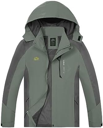 Waterproof hooded rain jacket in Army Green / Grey
