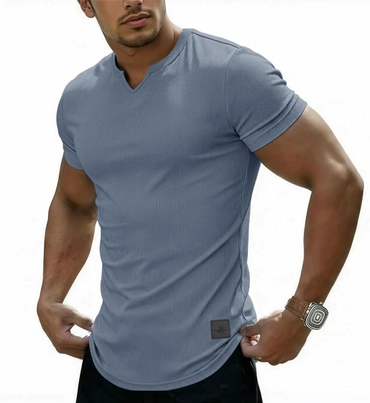 Muscle V-neck henley tee in Misty Blue